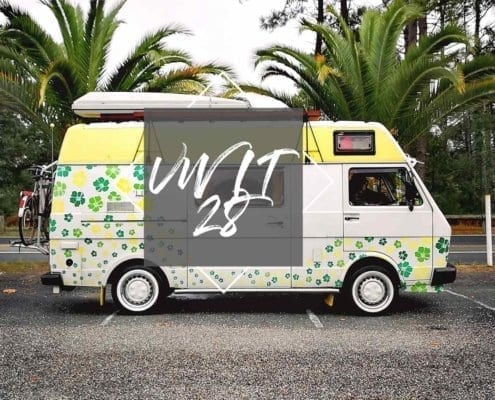 LT-28-VW-Florida-westfalia-pärchen-urlaub-hibiskus-Dachbox-Palmen-strand